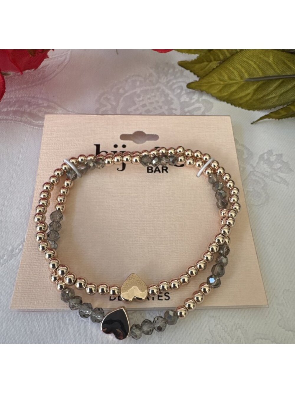 Bijoux Bar Delicates Dainty Silver Goldtone Bracelet Gray Rhinestone Beads NEW